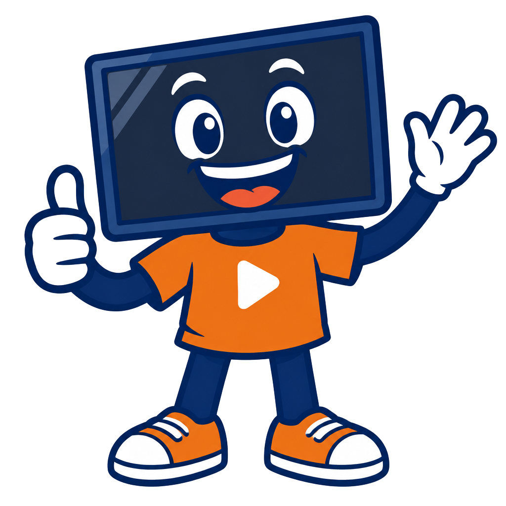 Vrolijke tv-mascotte die duimen geeft